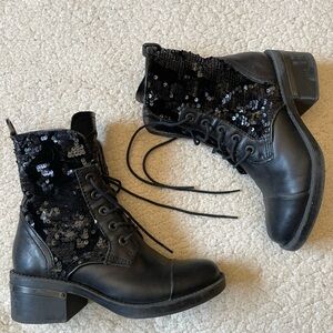 Guess black velvet and sequin lace up combat boots size 7